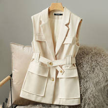 Colete feminino liso estilo coreano, primavera outono, sem mangas, com cinto, elegante, para escritório, tops, jaqueta 2024 - compre barato