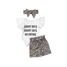 3 pçs da criança do bebê meninas conjuntos de roupas carta babados manga curta macacão topos + saias de leopardo + bandana conjunto de roupas 0-24months 2024 - compre barato