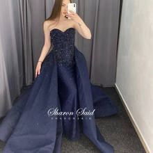 Navy Blue Luxury Crystal Dubai Evening Dress for Women Wedding Party Gowns Elegant Off Shoulder Long Overskirt Formal Prom Dress 2024 - buy cheap
