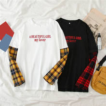 Letter Print Women's T-shirt Plaid Pacthwork O-neck Long Sleeve Female Tshirts Spring Autumn Casual Loose Streetwear Tshirts 2024 - buy cheap
