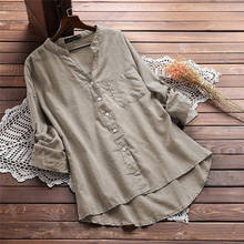 Blusa informal de lino y algodón para mujer, camisa de manga larga con cuello en V, color blanco, para oficina y otoño 2024 - compra barato