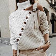 Autumn Winter Fashion Button Turtleneck Knitted Sweaters Women Jumper Strap Pullover Long Sleeve One Shoulder Knitwear Female 2024 - buy cheap