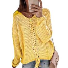 Fashion Loose Women Solid Color V Neck Long Sleeve Drawstring Casual Knitted Sweater 2024 - buy cheap