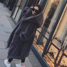 Женское длинное теплое пальто из кроличьего меха, черное однотонное пальто из кожи, повседневная верхняя одежда, ML151, зима 2019 2024 - купить недорого