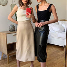 Faldas de piel sintética para mujer, faldas de tubo de cintura alta, con cinturón, Color liso 2024 - compra barato