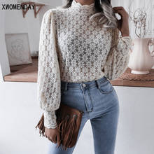 Blusa informal de manga larga con encaje para mujer, camisa blanca con cuello levantado, ropa de oficina, 2021 2024 - compra barato