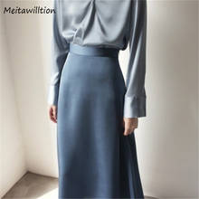 Элегантная атласная шелковая юбка, весна 2021, однотонные небесно-голубые трапециевидные юбки с высокой талией, повседневная женская офисная юбка миди в Корейском стиле 2024 - купить недорого