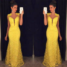 Yellow Lace Evening Dresses Mermaid Sheer O-Neck Floor Length 2020 Formal Gowns Prom Dresses Long Robe De Soiree Cheap 2024 - buy cheap