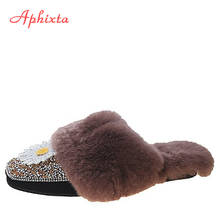 Aphixta-zapatillas de pelo de conejo plano para mujer, pantuflas femeninas de piel auténtica de cristal, cálidas, con flores peludas, para invierno 2024 - compra barato