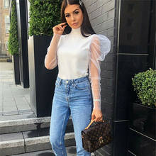 New Women Elegant Solid Blouses Sexy See-through Sheer Mesh Puff Sleeve Slim Shirts Tops Lady Office Blouse Blusas Plus Size 2024 - buy cheap