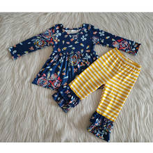 Оптовая продажа, осенняя синяя туника с цветочным принтом для маленьких девочек, комплекты желтых полосатых брюк с оборками, детская эксклюзивная одежда, одежда, детская одежда 2024 - купить недорого