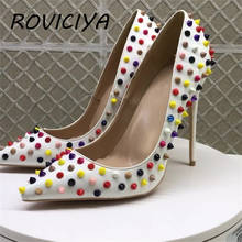 White Patent Leather 12cm High Heels Shoes Pointed Toe Women Pumps with Colourful Rivet Party Dress Stiletto MD029 ROVICIYA 2024 - buy cheap