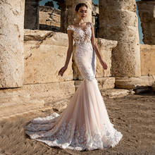 Vestidos de boda de sirena rosa perla de lujo, 2021, Apliques de encaje tentadores, cuello redondo, mangas, vestido de novia de boda, tren de barrido 2024 - compra barato