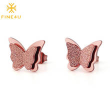 FINE4U E213 Matte Rose Gold Color Butterfly Stud Earrings Stainless Steel Scrub Butterfly Stud Earrings Elegant Women's Jewelry 2024 - buy cheap