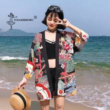 Japonês yukata cardigan kimono feminino, roupas ásia verão estampa de peixe harajuku top casual japonês kawaii carpa fantasia cosplay 2024 - compre barato