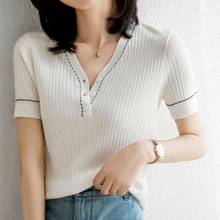 New Arrivals 2021 Women's Clothing Fashion V-Neck Knitted Women Tshirt Korean Fashion Ribbing Summer Short Sleeve Tops Femme 2024 - buy cheap