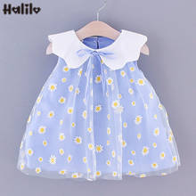 Halilo vestido infantil feminino de verão, vestidos florais fofos sem mangas com gola peter pan, roupas de bebê femininas para aniversário 2024 - compre barato