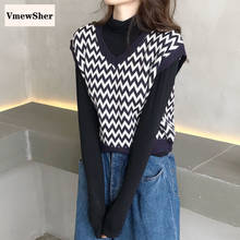 VmewSher New Argyle Women Sweater Vest Autumn V-Neck Vintage Knitted Short Pullover Knitwear Soft Loose Elegant Sleeveless Tops 2024 - buy cheap