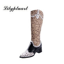 2019 autumn and winter in the tube but knee boots female thick with high-heeled color matching retro pointed snake western boots 2024 - buy cheap