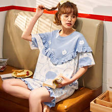 Conjunto de pijamas de verão elegante, azul claro, renda coreana, roupa de dormir feminina, desenho animado, pequeno urso, algodão, manga curta, roupa de dormir 2024 - compre barato