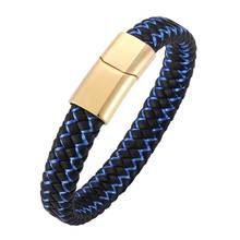 Fashion Men Jewelry Blue Black Braided Leather Bracelet Male Gold Stainless Steel Magnetic Clasp Vintage Woven Wristband SP0220 2024 - buy cheap