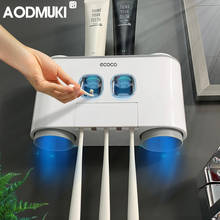 Aodmuki suporte de escova de dentes fixado na parede automático dispensador de pasta de dentes fixado na parede rack de armazenamento acessórios do banheiro conjunto 2024 - compre barato