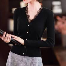 Suéter ajustado de encaje para mujer, Jersey informal con cuello en V, Color negro, primavera y otoño, Y485, 2020 2024 - compra barato