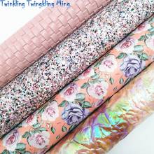 Tecido falso de couro misturado, rosa brilhante, flores impressas, folhas de couro de tecelagem para arco a4 21x29cm brilhante km002 2024 - compre barato