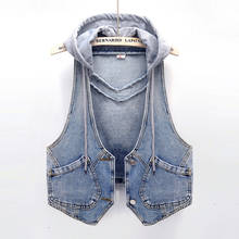 Colete jeans removível com capuz feminino, colete jeans curto azul claro plus size novo 2021 outono 2024 - compre barato