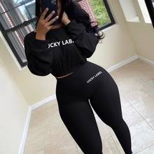 Sweat Suits Women Two-Piece Set Lucky Label Ribbing Embroidered Stripe Off-Shoulder Outfits Tracksuits Workout Stacked Leggings 2024 - buy cheap