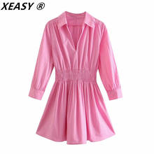 Klacwaya 2021 модное женское плиссированное платье розового цвета с высокой эластичной талией из поплина шикарное женское платье с рукавом три четверти 2024 - купить недорого
