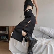 Falda larga negra ahuecada por los lados para mujer, ropa de calle Sexy de color liso para discoteca, Falda Midi ajustada de cintura alta para verano, 2021 2024 - compra barato