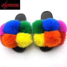 Fling Fur Slippers For Women Fluffy Real Fox Fur Slides Furry Raccoon Fur Sandals Ladies Cute Fur Ball Flip Flops Rainbow Shoe 2024 - buy cheap