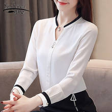 Camisas brancas e chique para mulheres, blusas de cor sólida e com decote em v e conta, de chiffon, para escritório, 2021 2024 - compre barato