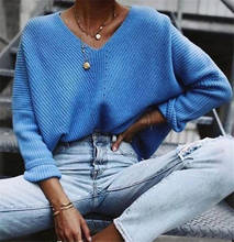 Novo pulôver de malha azul outono inverno feminino, manga comprida, gola em v, suéter de caxemira feminino casual coreano 2024 - compre barato