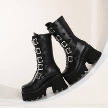 Winter Gothic Punk Womens Platform Boots Black Buckle Strap zipper Creeper Wedges Shoes Mid Calf Military Combat Boots 2024 - buy cheap