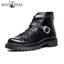 High Quality Vintage Mens Motorcycle Boots Handmade Cowhide Genuine Leather High Top Work Shoes Buckle Strap Punk Boots Male 2024 - buy cheap