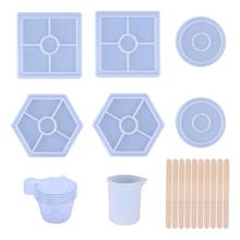 Molde de resina de silicone conjunto quadrado redondo hexágono epóxi molde com copo de medição vara de madeira diy coaster decoração para casa acessórios 2024 - compre barato