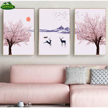 Nordic Deer Pink Tree and Sunrise Poster Life Quote Canvas Print Minimalist Wall Art Painting Decorative Picture Home Decor 2024 - buy cheap