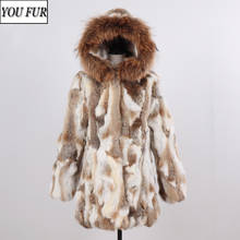 Abrigo de piel de conejo para mujer, chaqueta de piel auténtica con Cuello de piel de mapache Real, abrigos de piel Natural con capucha 2024 - compra barato