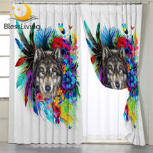 BlessLiving Boho Wolf Window Curtains Watercolor Blackout Curtain Colorful Flowers Window Drapes Floral Living Room Curtains 1PC 2024 - buy cheap