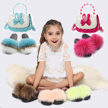 Cute Cartoon Children Fur Slides Princess Purse Suit Kids Cosmetic Bag Furry Rainbow Slippers Match Set Sweet Girl Sandals Hot 2024 - buy cheap