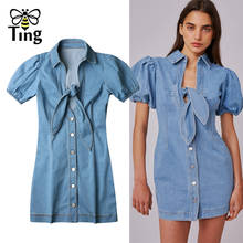 Tingfly pista Sexy Bowknot corbata Mini vestido Denim mujeres Casual vestido ceñido Chic único Breasted apretado vestido de mezclilla de verano trajes Vestit 2024 - compra barato