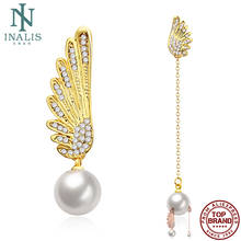 INALIS-pendientes de perlas de ala de Navidad para mujer, Circonia cúbica brillante, placa de oro de 2 colores, pendiente de tuerca asimétrico, joyería de moda 2024 - compra barato