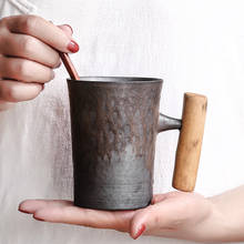 Taza creativa retro con mango de madera con cuchara, taza de té de cerámica para el hogar, hecha a mano, de piedra, taza de café de oficina de estilo japonés 2024 - compra barato