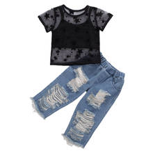 New 3Pcs Toddler Kids Baby Girls Clothes Sheer Top+ Vest Top +Ripped Jean Denim Pants Outfit Set 2024 - buy cheap