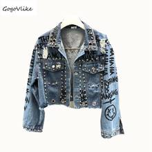 Graffiti Print Denim coat Punk Rock Jeans jacket 2021 New Autumn Rivet Hip Hop Holes Coat Big Size Coats High Waist LT556S50 2024 - buy cheap