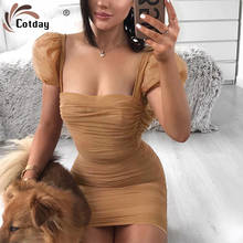 Cotday Square Collar Puff Sleeve Vintage Bodycon Women Sexy Backless Summer Neck Fashion Khaki Party Show Chest Mini Dress 2024 - buy cheap