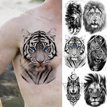 Временные татуировки для женщин, мужчин, большие, черный тигр, реалистичные, волк, Лев, компас, лес, наклейки-тату на руку, нагрудные татуировки 2024 - купить недорого