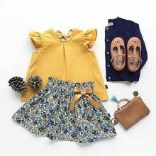 Conjunto de roupas infantis chiffon amarelo + vestido floral, roupas para meninas e crianças pequenas 2024 - compre barato